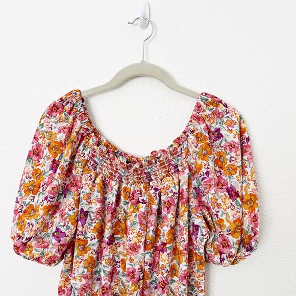 [W5] Pink Orange Floral Print Puff Sleeve Smocked Neck Scoop Blouse Sz Medium M - Picture 7 of 10